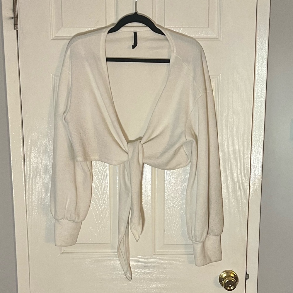 White Ribbed Sweater Tie-Front - Picture 3 of 6